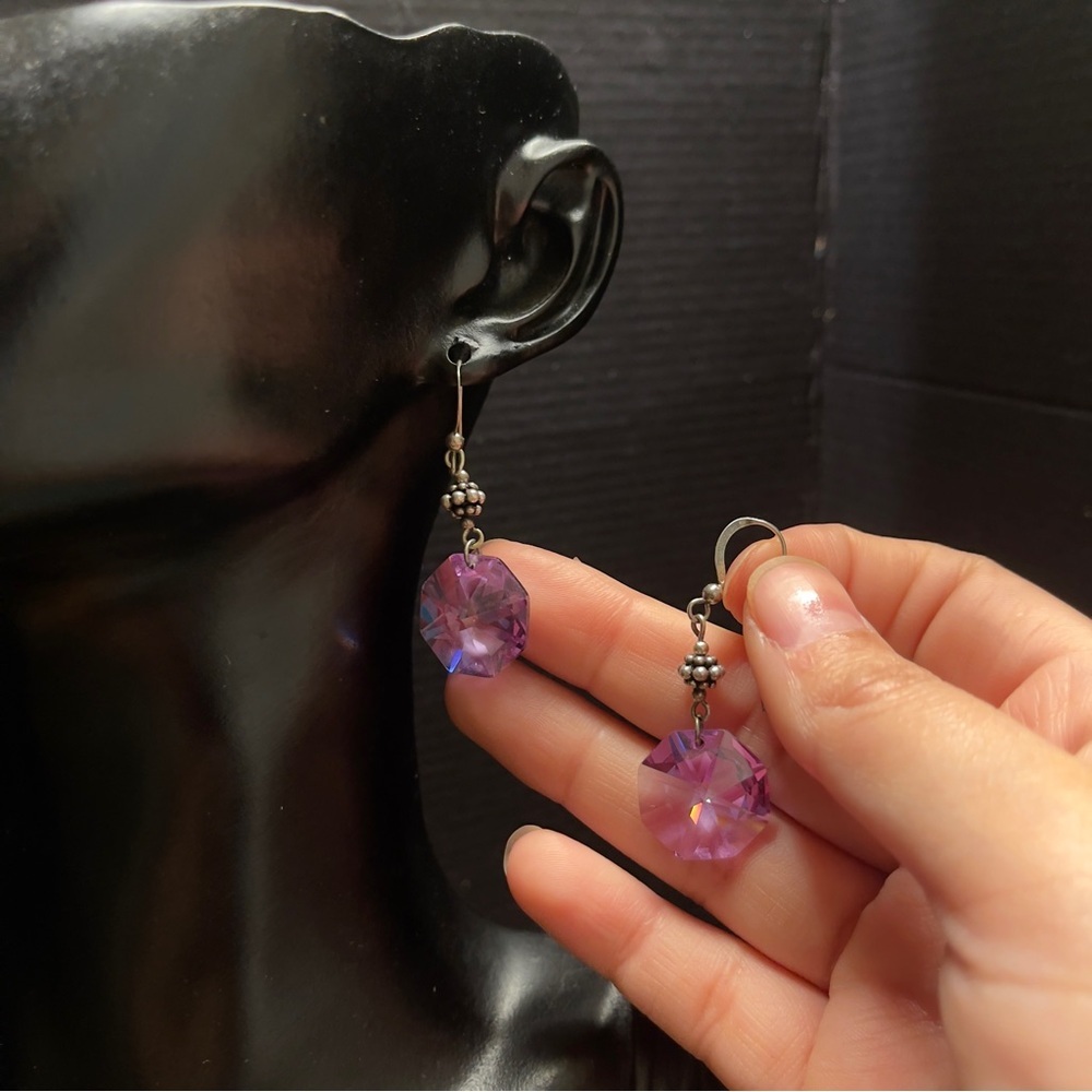 Sterling Silver Purple Statement Circle Cut Gem Hook Earrings - Picture 3 of 10